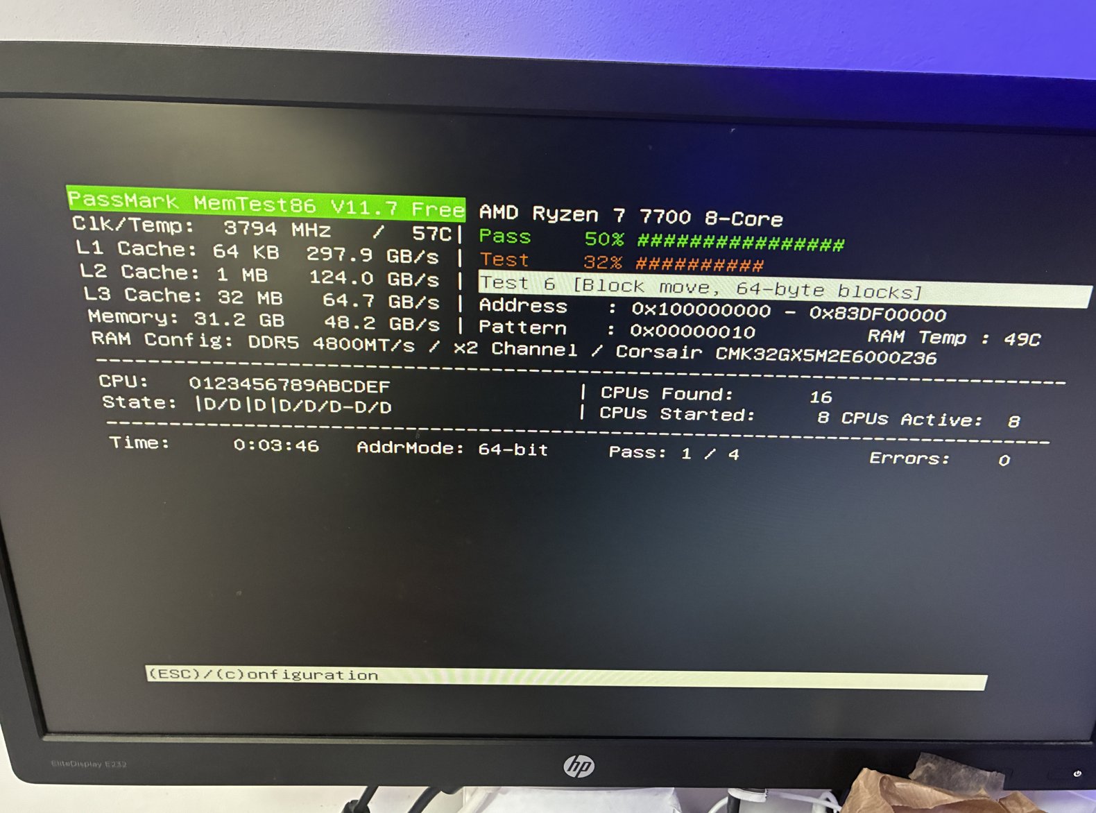 MemTest86 JEDEC 4800 zero errori Monza